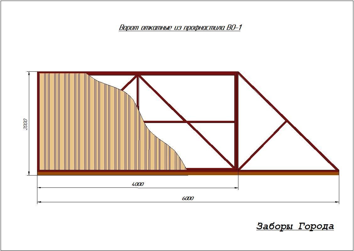 Откатные ворота из профнастила чертеж 4 метра
