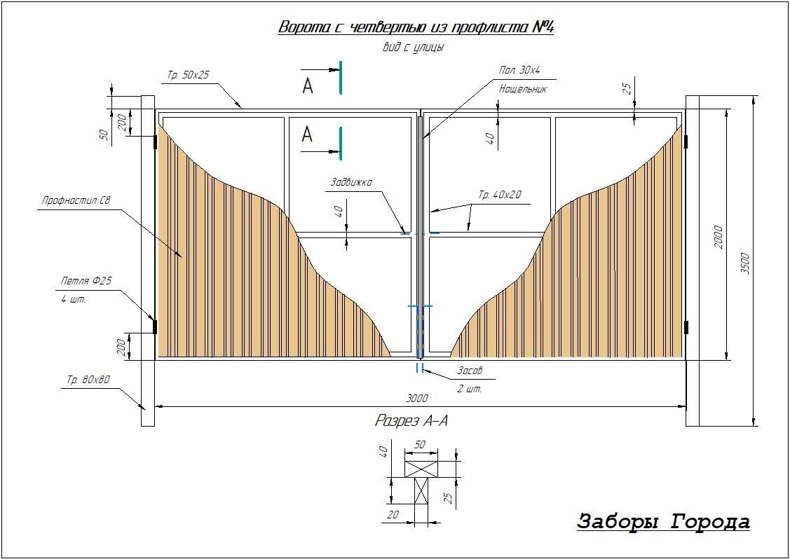 Ворота с четвертью из профнастила №4